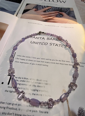 天然水晶紫水晶黄水晶紫玉晶全净体S925纯银串珠原创项链46cm