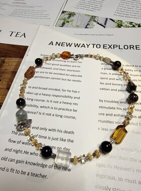 天然水晶黄水晶黑发晶奶白晶黑金超七原创设计串珠项链46cm