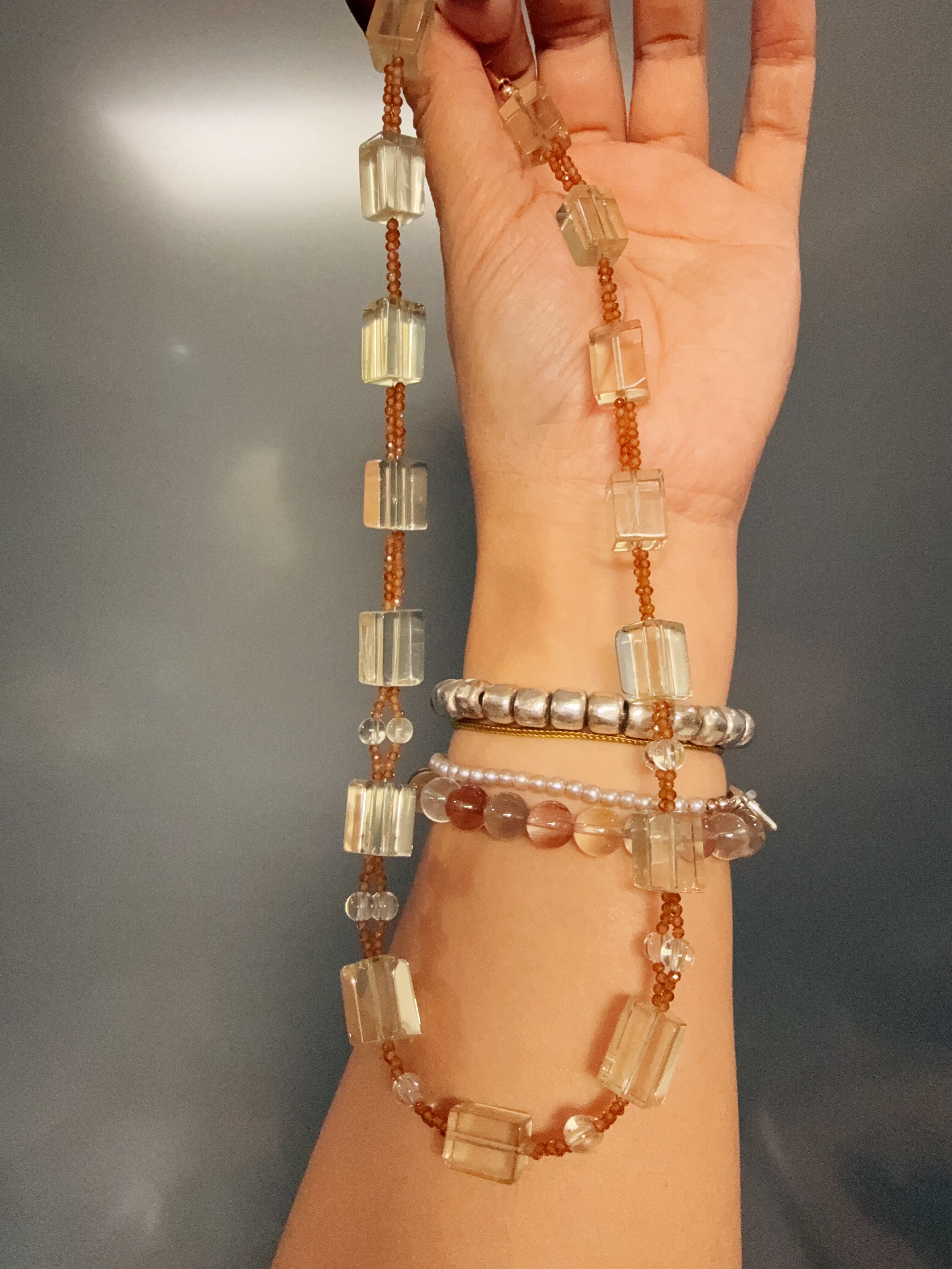 天然水晶柠檬黄水晶石榴石S925银手作项链46cm