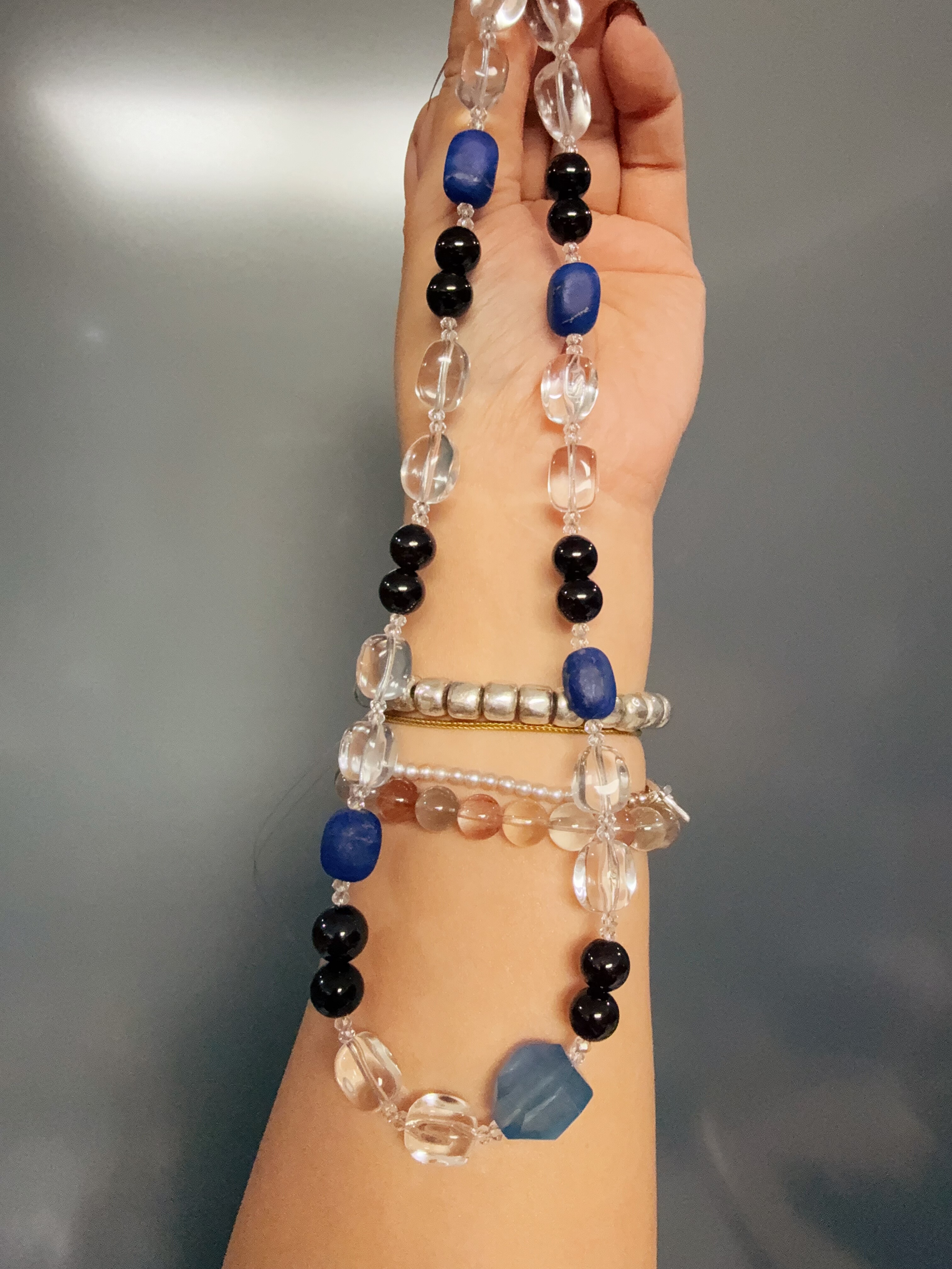 天然水晶海蓝宝石榴石白水晶青金石S925银手作项链46cm