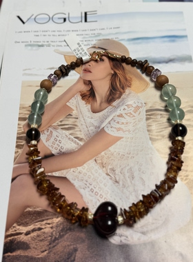 天然水晶花珀血珀海纹石沉香小众设计感气质百搭锁骨链46cm