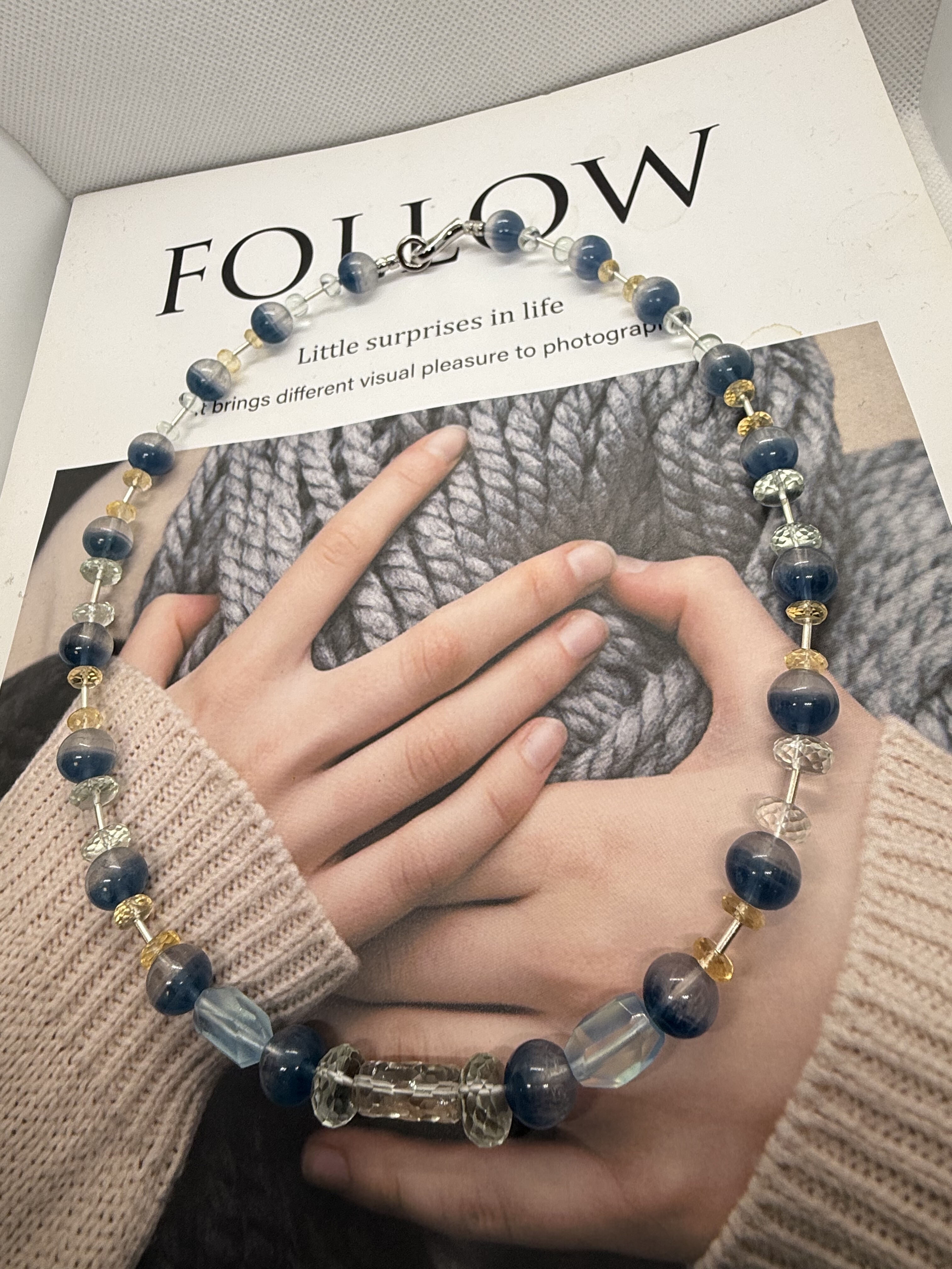 天然聚宝盆蓝萤石绿水晶黄水晶海蓝宝S925纯银招财串珠项链46cm