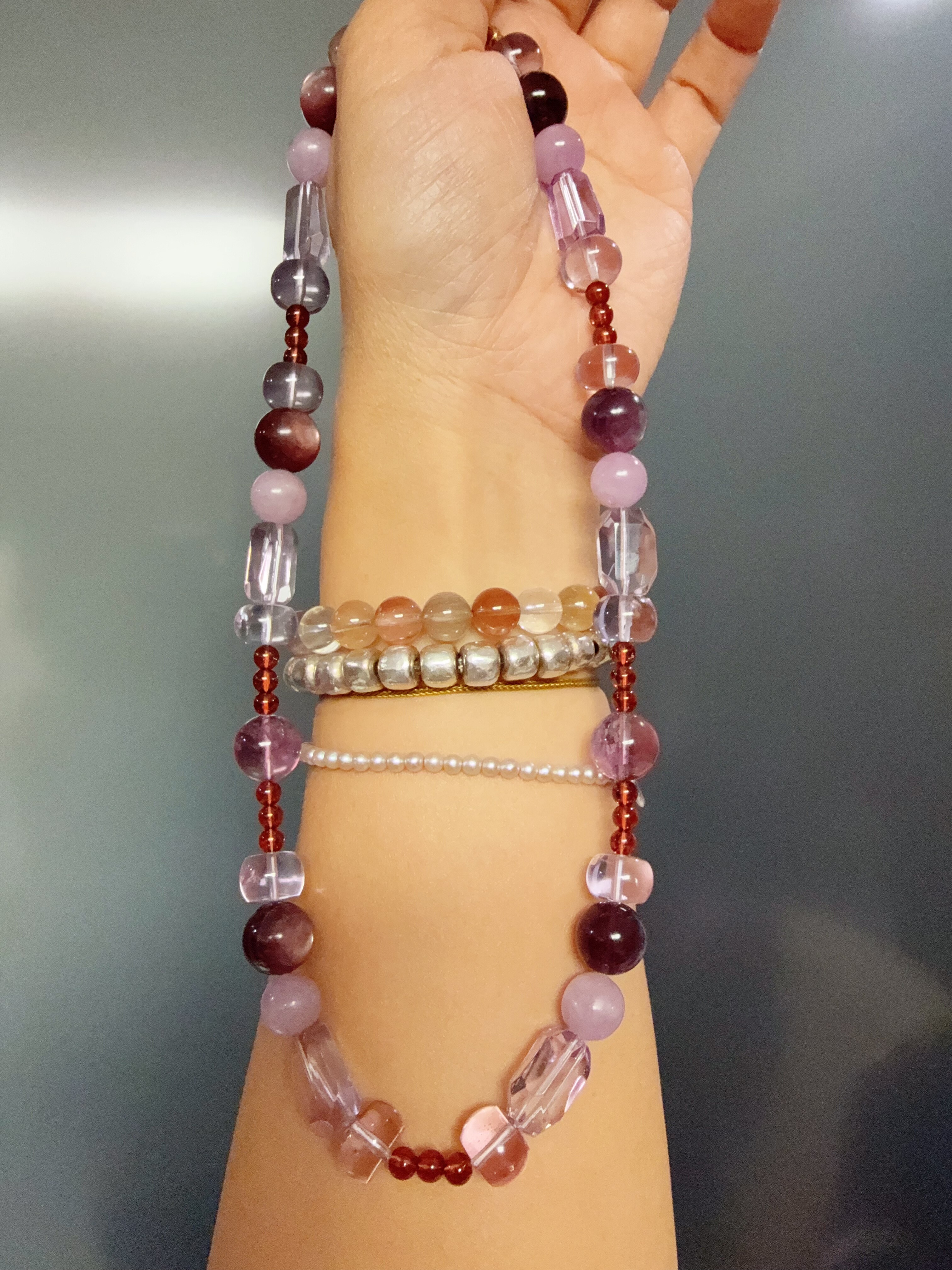 天然水晶紫水晶紫锂辉紫锂云母石榴石S925银手作原创项链