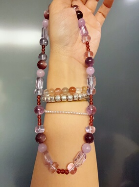 天然水晶紫水晶紫锂辉紫锂云母石榴石S925银手作原创项链