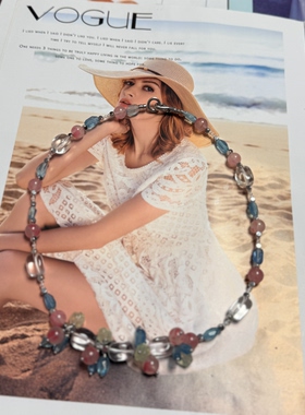 天然水晶黄水晶紫水晶托帕海蓝宝铜镀真金串珠原创设计项链46cm