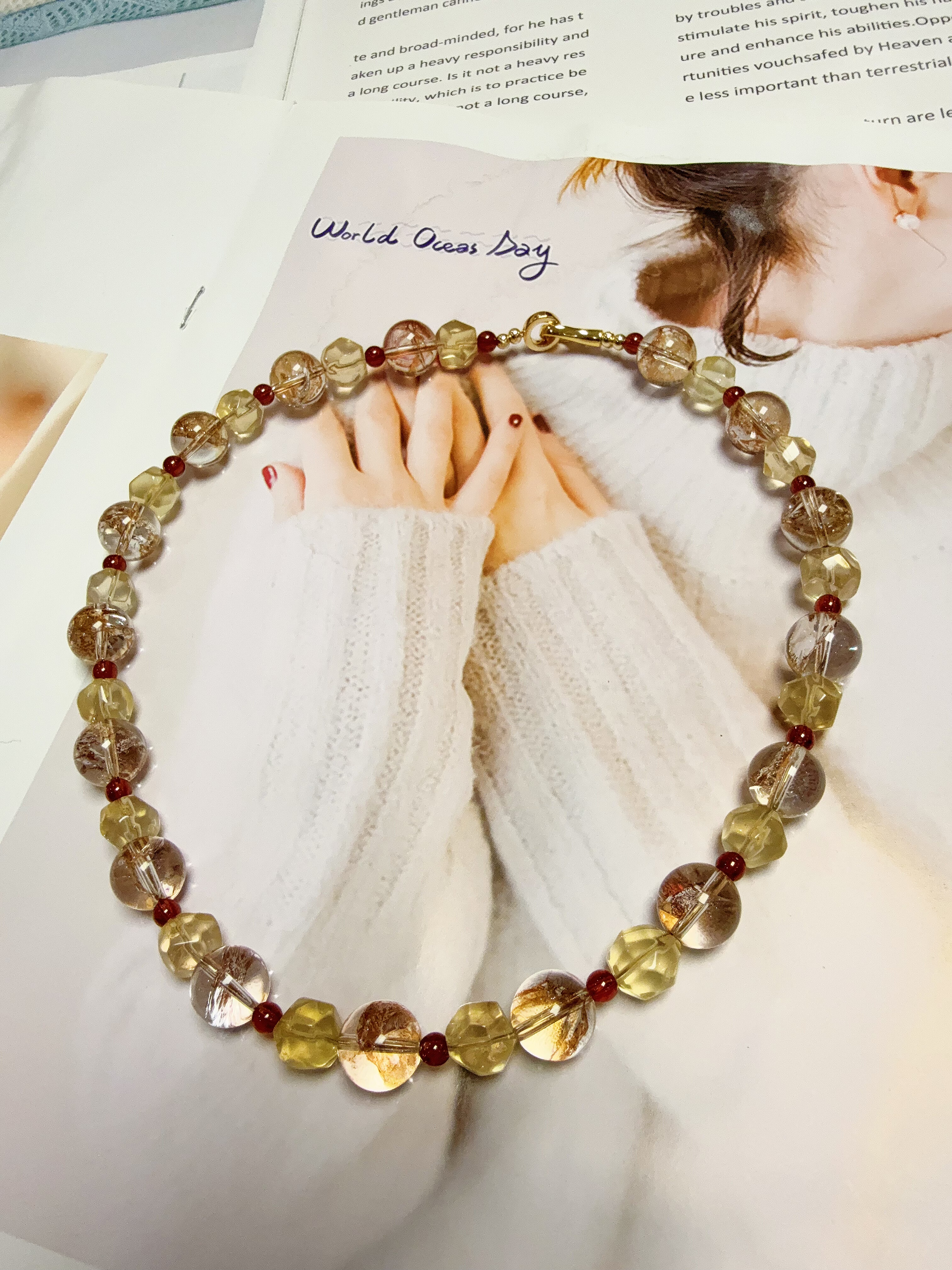 天然水晶金箔胶花柠檬黄水晶菠萝珠石榴石S925银手作原创项链46cm