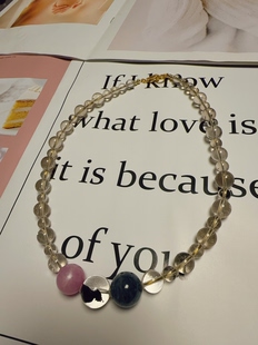 天然水晶金发晶紫锂辉闪灵钻蓝兔毛S925银项链46cm