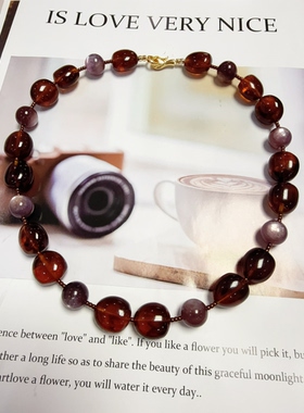 天然水晶琥珀黄水晶绿水晶S925纯银原创设计串珠项链46cm