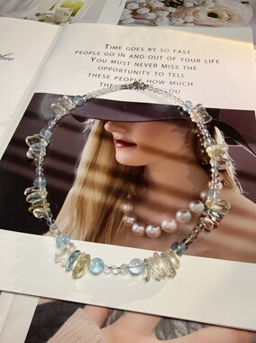 天然水晶托帕海蓝宝白水晶手作串珠原创双层设计项链46cm