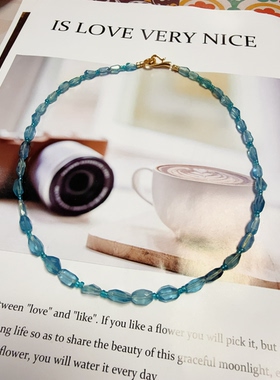 天然水晶魔鬼海蓝宝冰绿海蓝宝黄铜镀金串珠原创设计项链46cm