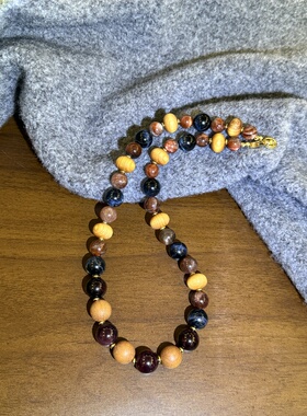 天然水晶金太阳与星辉骨干虎眼老山檀铜镀真金原创串珠项链42cm