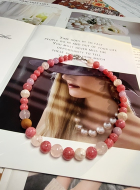 天然水晶樱花雨雪花幽灵紫锂辉粉晶S925纯银串珠原创设计项链46cm