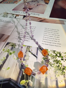 天然水晶紫水晶红胶花S925纯银设计感假日高级项链46cm