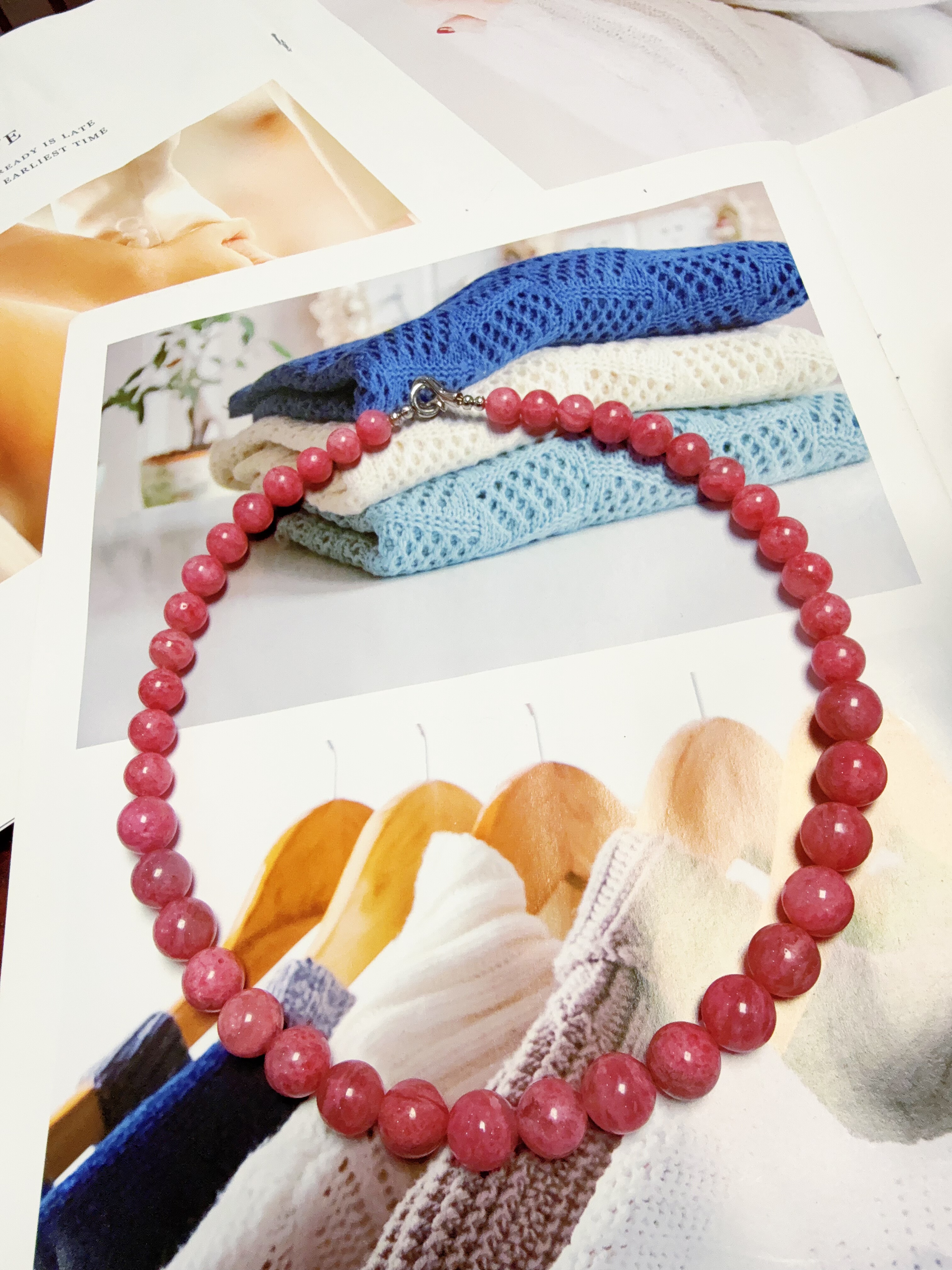 天然水晶红纹石蔷薇樱花雨S925银手作项链46cm