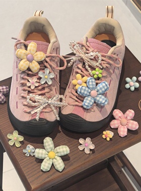 新款布艺格子花朵鞋带扣diy装饰鞋花高级感珍珠蝴蝶结鞋配饰挂件