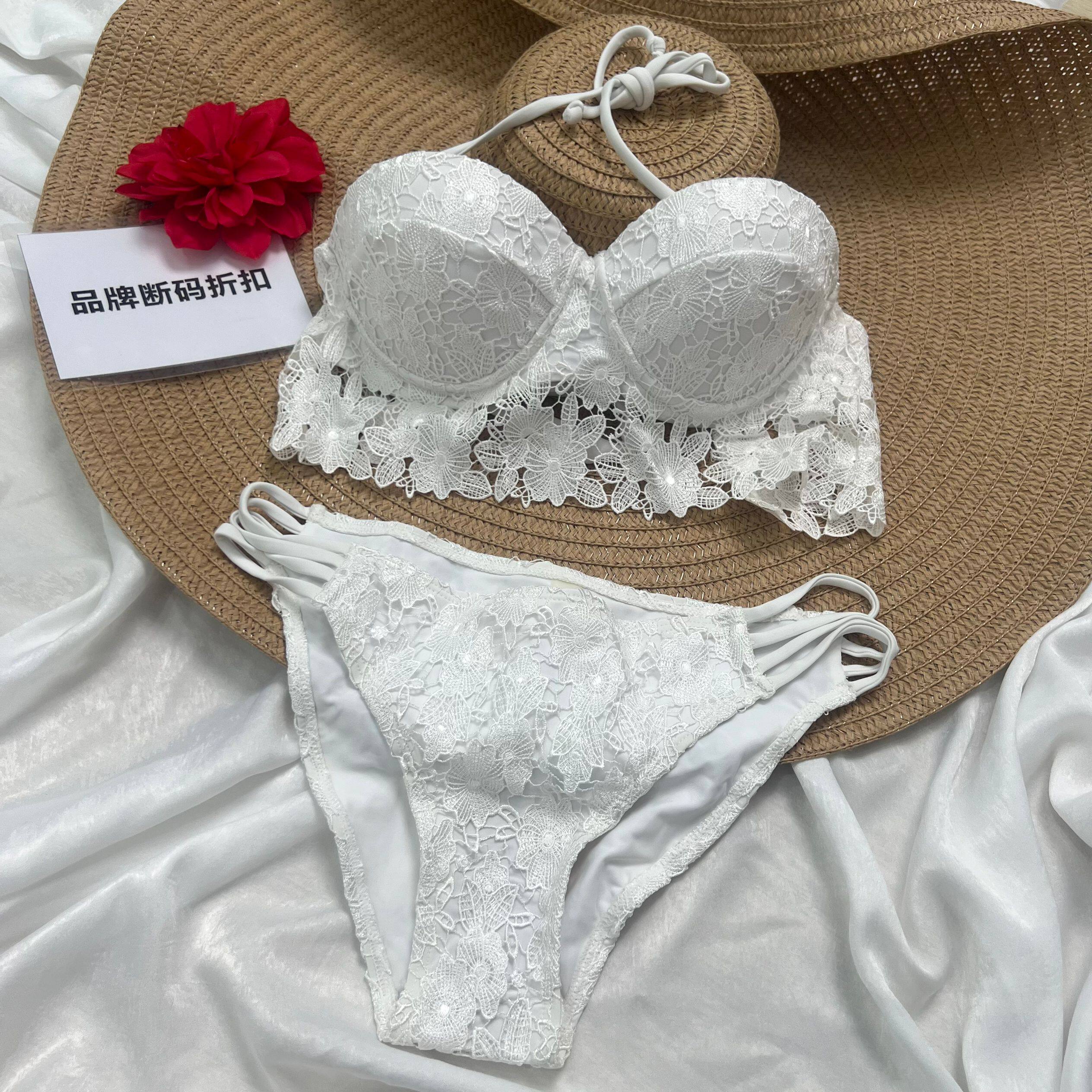 品牌断码折扣】白色蕾丝性感比基尼分体泳衣套带钢圈小胸显大