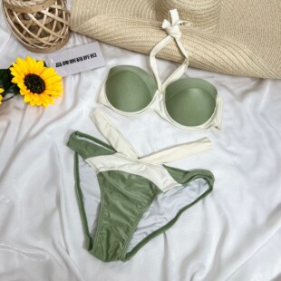 品牌断码 带钢托聚拢拼色挂脖绑带性感比基尼分体泳衣女 折扣