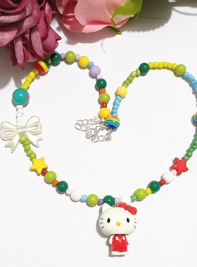 韩国东大门手作彩色串珠项链hellokitty猫美乐蒂蝴蝶结公主项链女