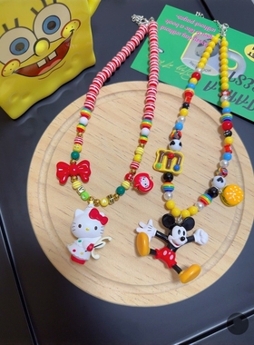 Liya手作迪士尼米奇hellokitty项链女卡通多巴胺彩色串珠饰品配饰