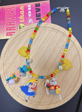 原创中古重工水晶串珠项链梦游仙境白兔先生柴郡猫大胖静香毛衣链