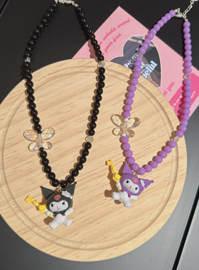 原创手作黑色串珠时尚可爱卡通库洛米美乐蒂树脂短款锁骨链颈链女