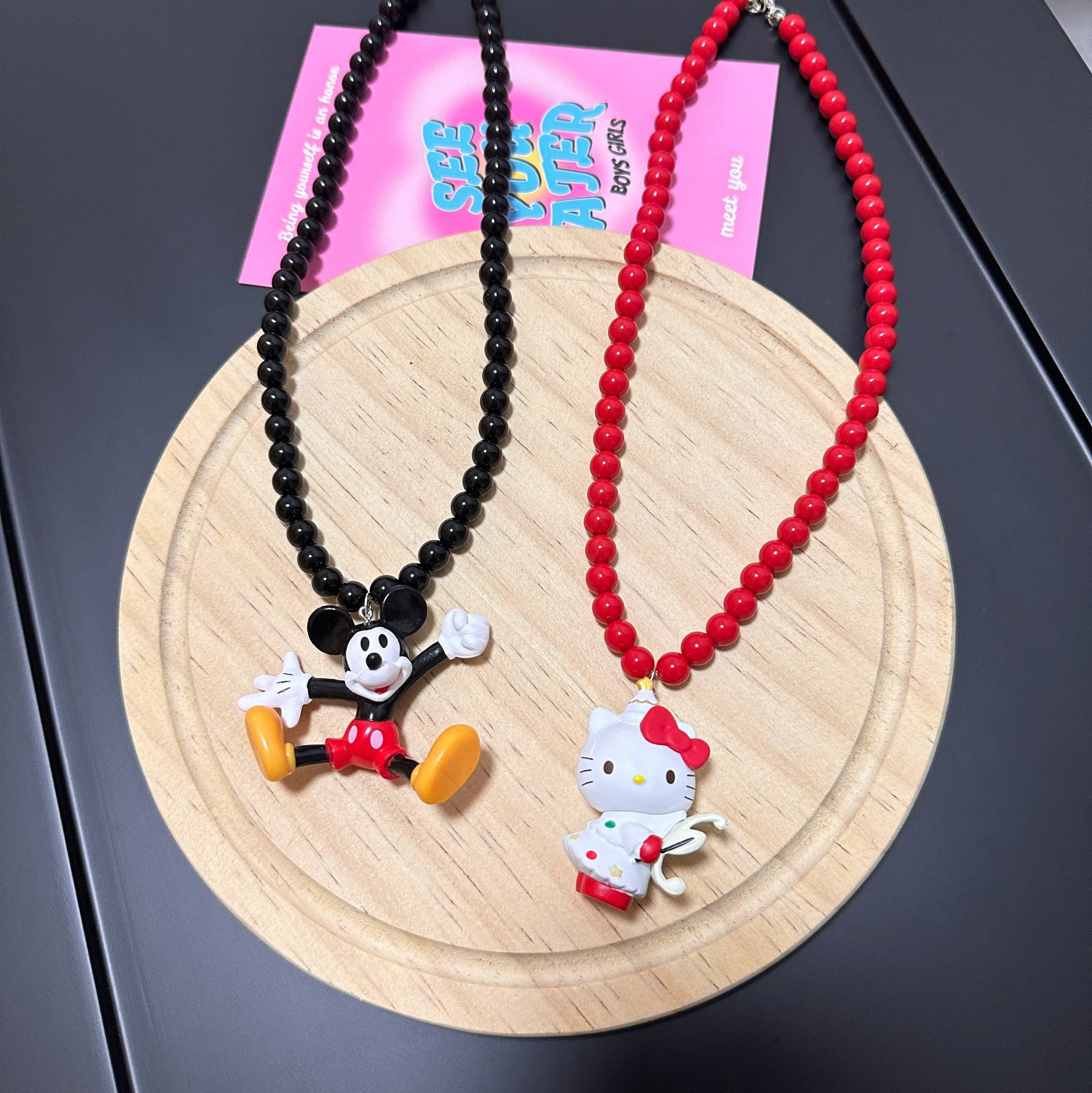原创多巴胺彩色串珠中古风米奇hellokitty项链童趣配饰卡通毛衣链
