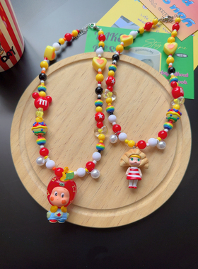 原创卡通可爱牛角包泡泡玛特苹果星星人多巴胺彩色串珠项链配饰品