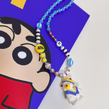 Liya手作正版画家帽小熊昭和复古中古画家豆豆眼白熊卡通项链女饰