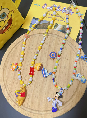 Liya手作迪士尼维尼熊米奇彩色串珠项链可爱卡通公仔饰品配饰拍照