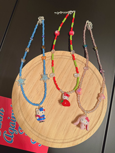 原创彩色串珠可爱卡通KT猫兔子草莓小飞象吊坠短款项链颈链女儿童