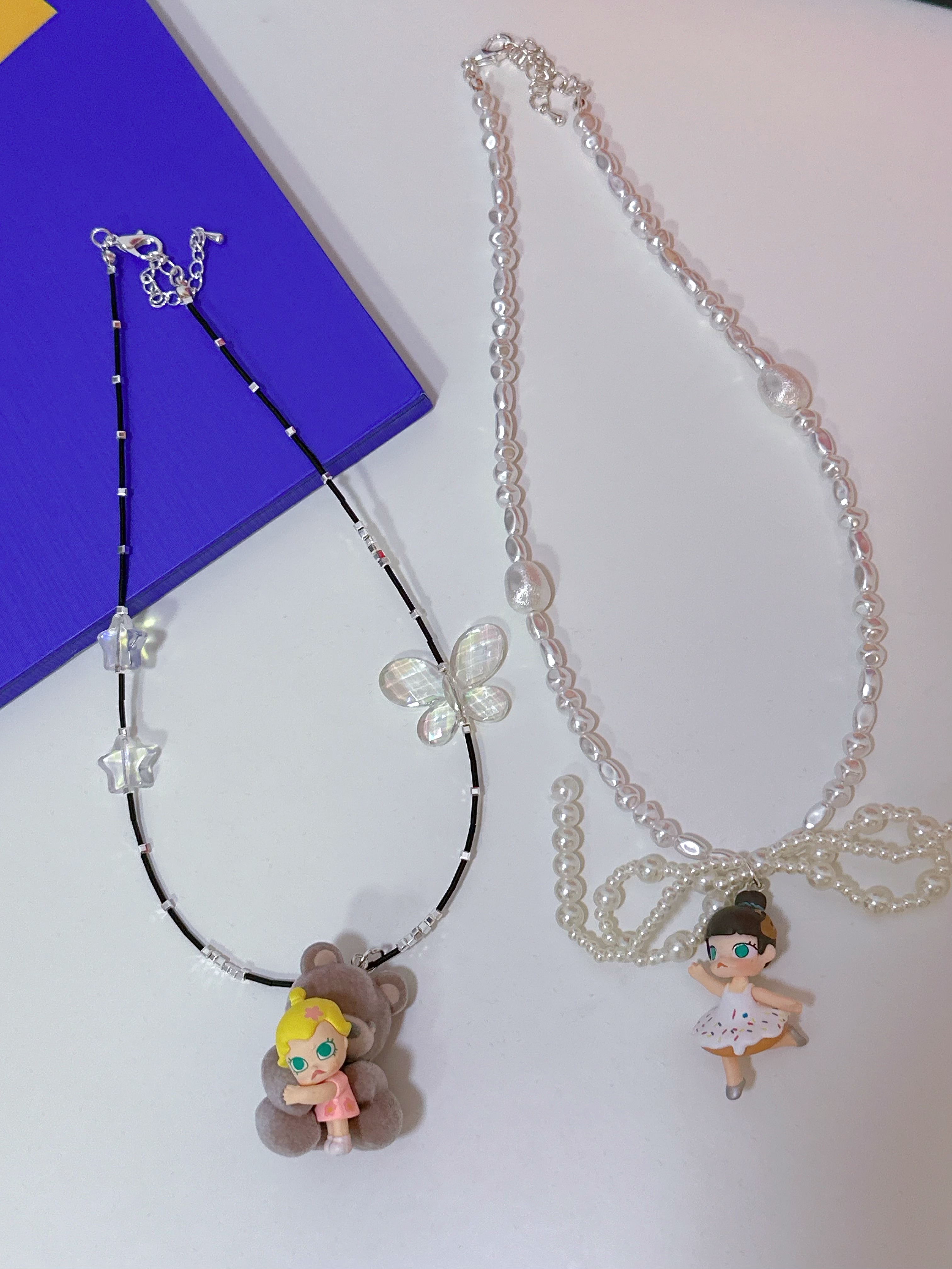 Liya手作亚克力串珠可爱泡泡玛特米老鼠唐老鸭熊萌粒短款珍珠项链