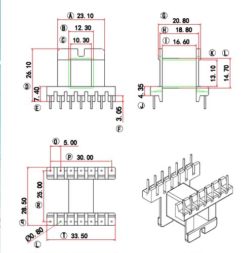 EI33EE33高频变压器骨架磁芯卧式7+7针排距25mm