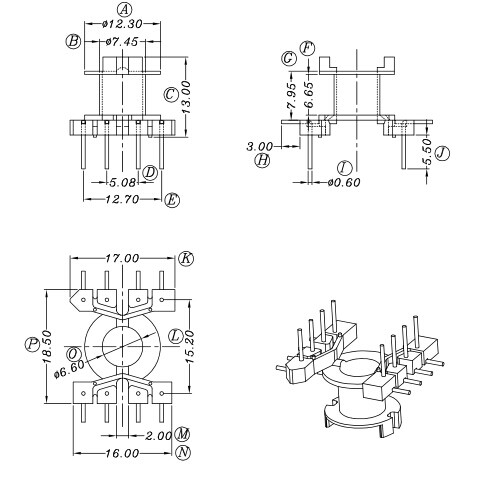 RM6骨架L脚立4+4针变压器材料排距=15.2mm