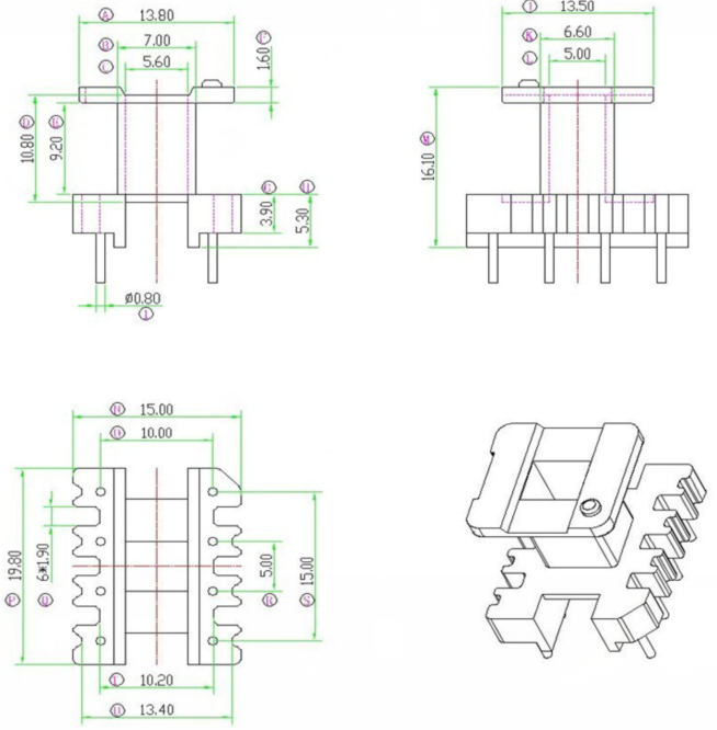 EE19骨架磁芯配套单槽直插立式4+4针变压器材料排距=10mm