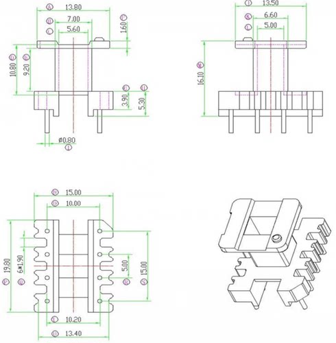 EE19骨架磁芯配套单槽直插立式4+4针变压器材料排距=10mm