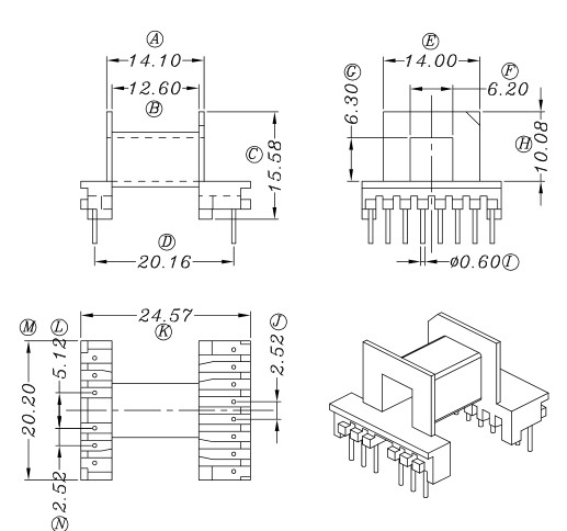 EF20骨架磁芯卧6+8针排距20高频变压器材料