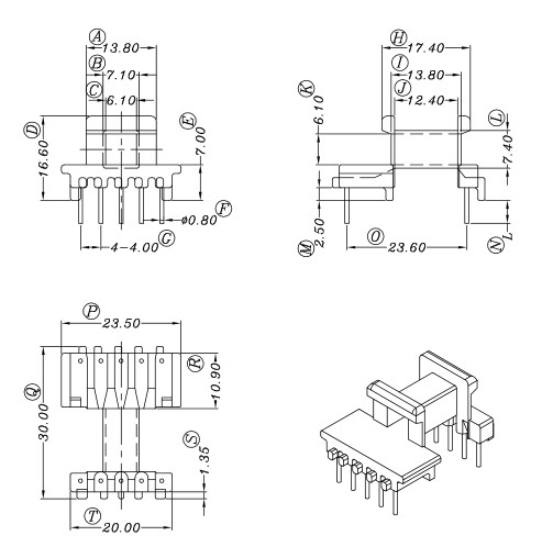 EF20电木骨架一边加宽卧式5+5针排距=23.6mm