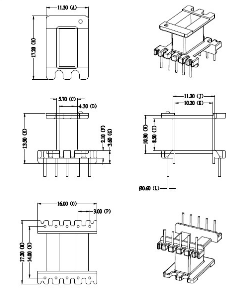 EE16加宽高频变压器骨架磁芯立式5+5针