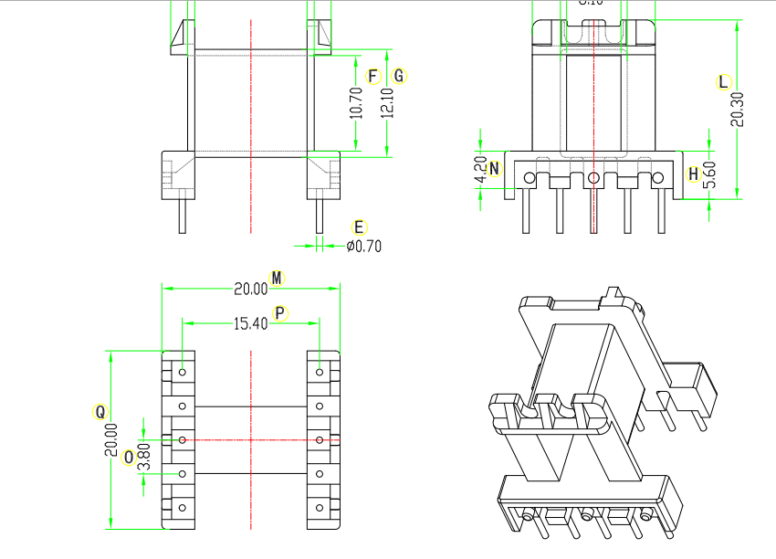 EF20加宽高频变压器骨架磁芯卧式5+5针排距=15.4mm