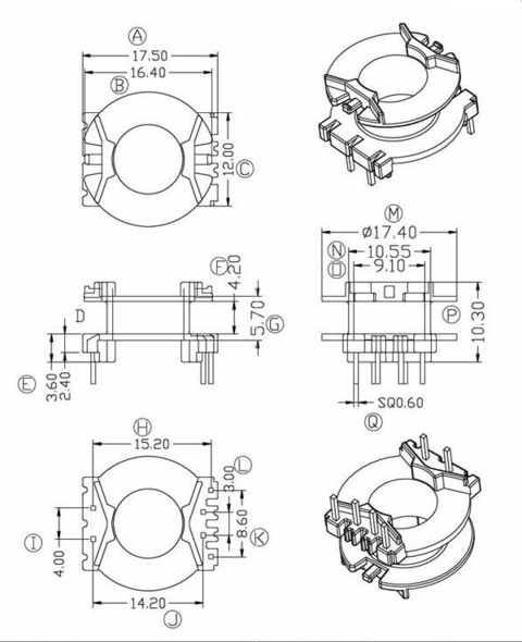 PQ2014高频变压器骨架立式4+2针槽宽4.2mm