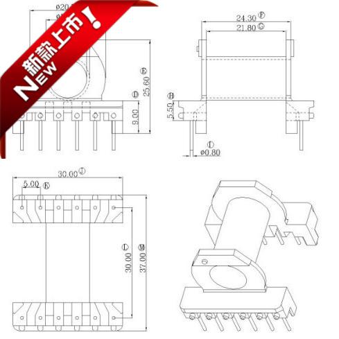 ER2834EC28骨架卧式6+6针变压器材料排距=30mm