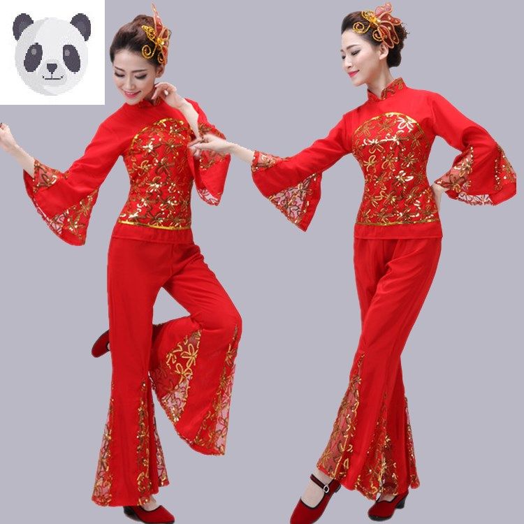 民族舞蹈服装女中老年扇子舞演出服新款秧歌服腰鼓广场舞套装红色