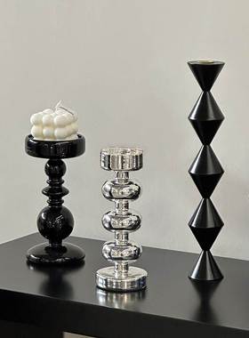 ins法式玻璃烛台北欧新年轻奢简约居家黑色银色实木复古装饰摆件