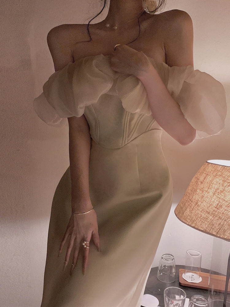 法式一字肩性感连衣裙夏收腰显瘦包臀裙宴会赫本风生日礼服长裙女
