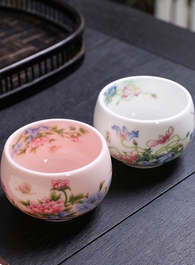 景德镇粉色茶杯子羊脂玉主人杯单杯牡丹花女士高端个人专用陶瓷茶