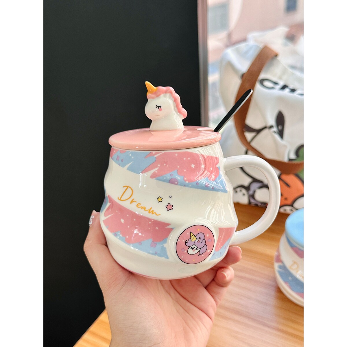 景德镇可爱彩虹独角兽杯子带盖勺家用水杯女生高颜值生日礼物陶瓷