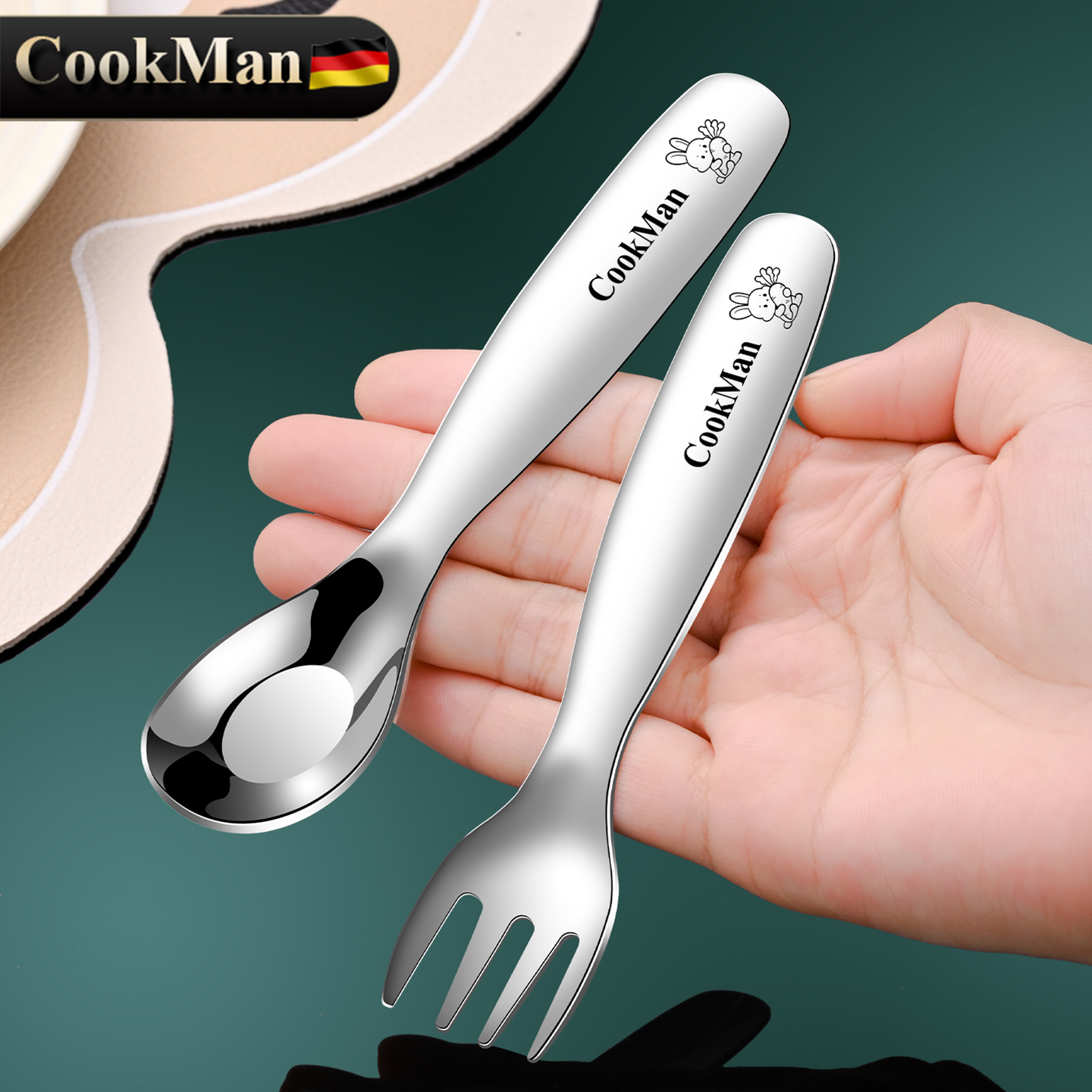 菲恩316不锈钢元宝叉勺儿童餐具