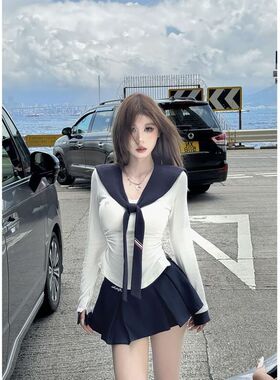 辣妹领学院风T恤短裙上衣两件套百褶女夏海军高腰显瘦套装女新款