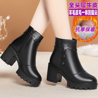 全牛皮高跟短靴羊毛棉鞋女雪地靴