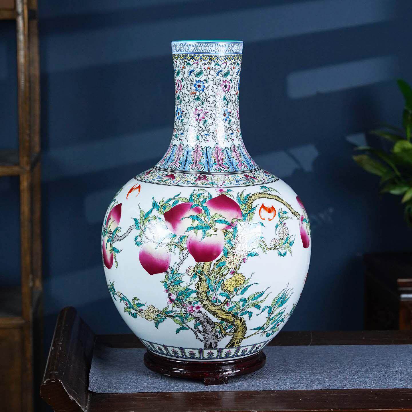 景德镇陶瓷中式花瓶九桃天球瓶客厅电视柜博古架插花仿古装饰摆件